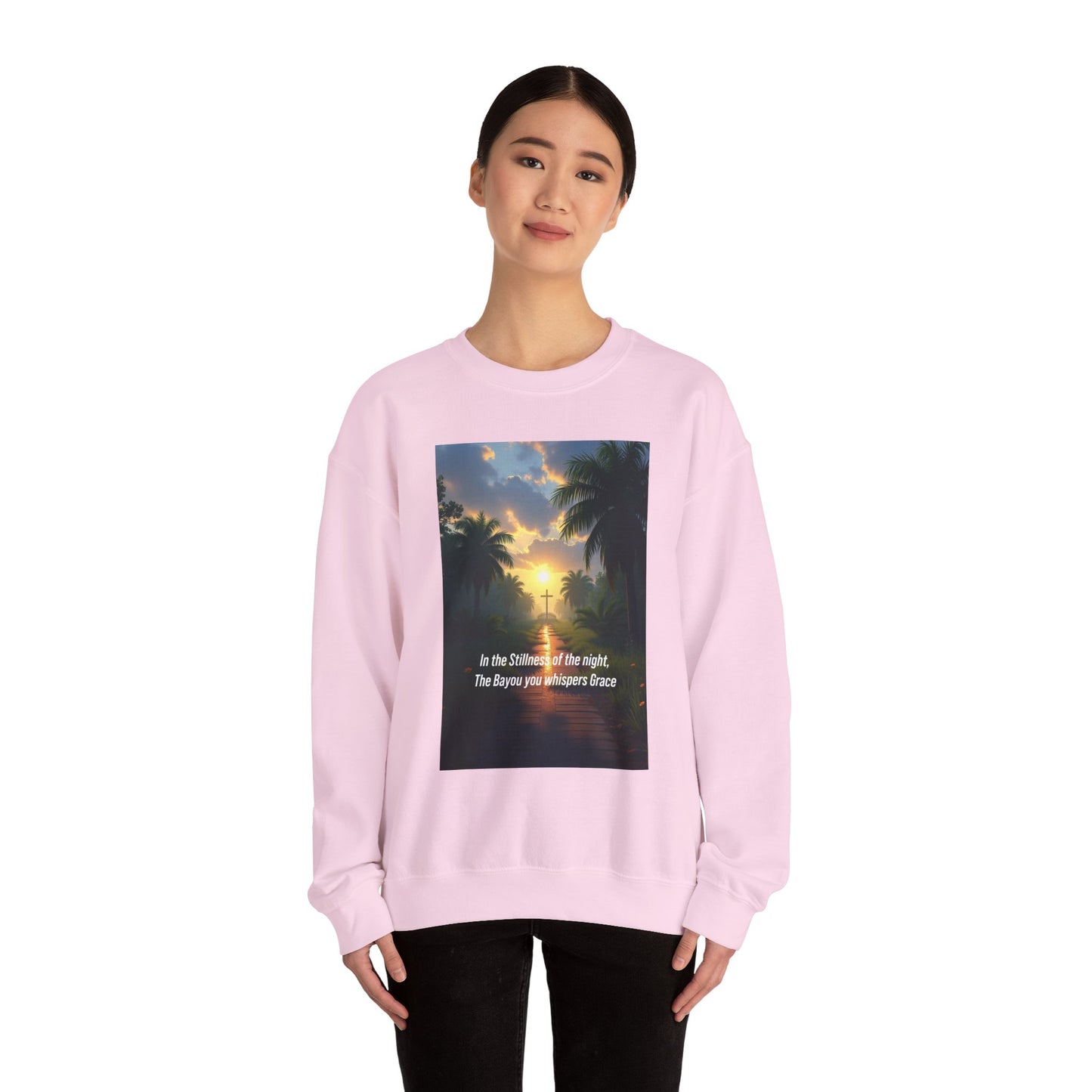 Sunset Palm Cross Sweatshirt — 'In the stillness of the night, The Bayou you whisper Grace'