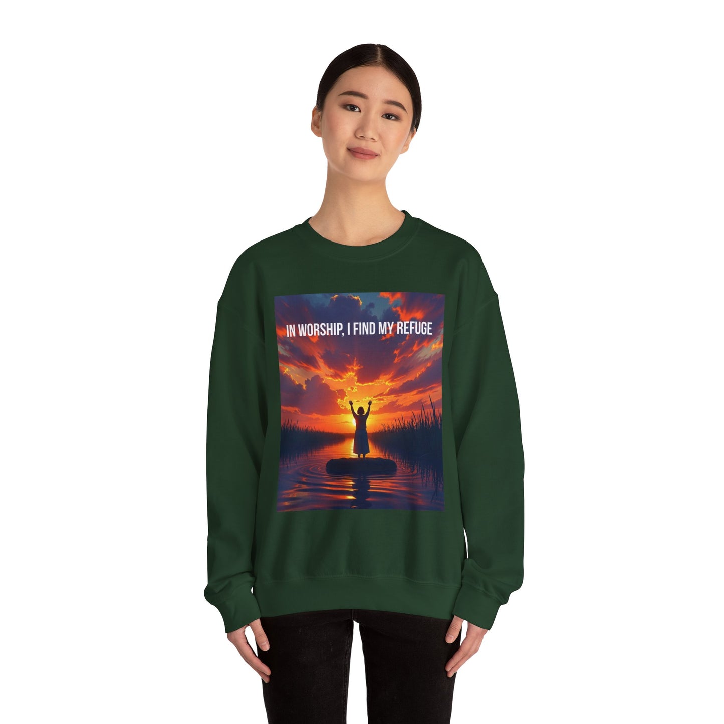 Worship Refuge Crewneck Sweatshirt — "In Worship, I Find My Refuge" Inspirational Faith Sweatshirt