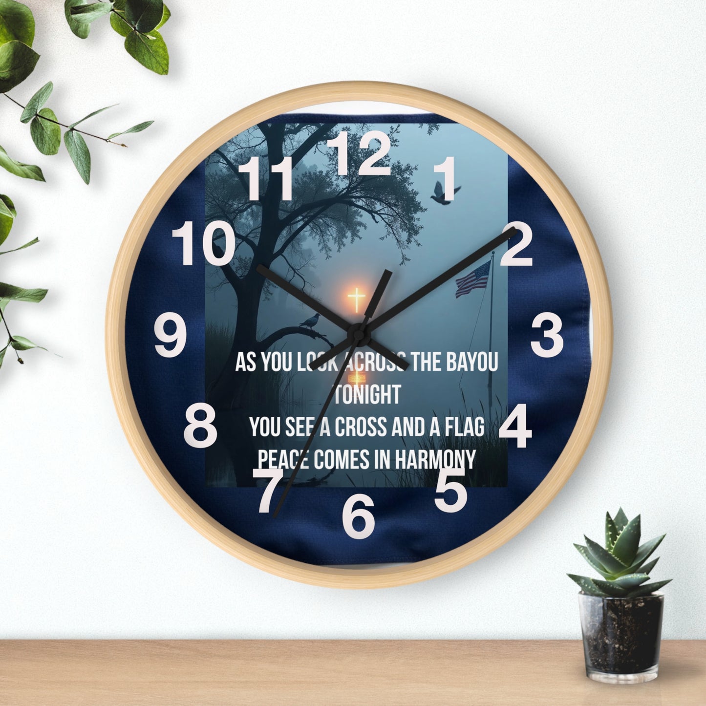 Bayou Cross & Flag Wall Clock — Patriotic Peaceful Scene with Lyrics