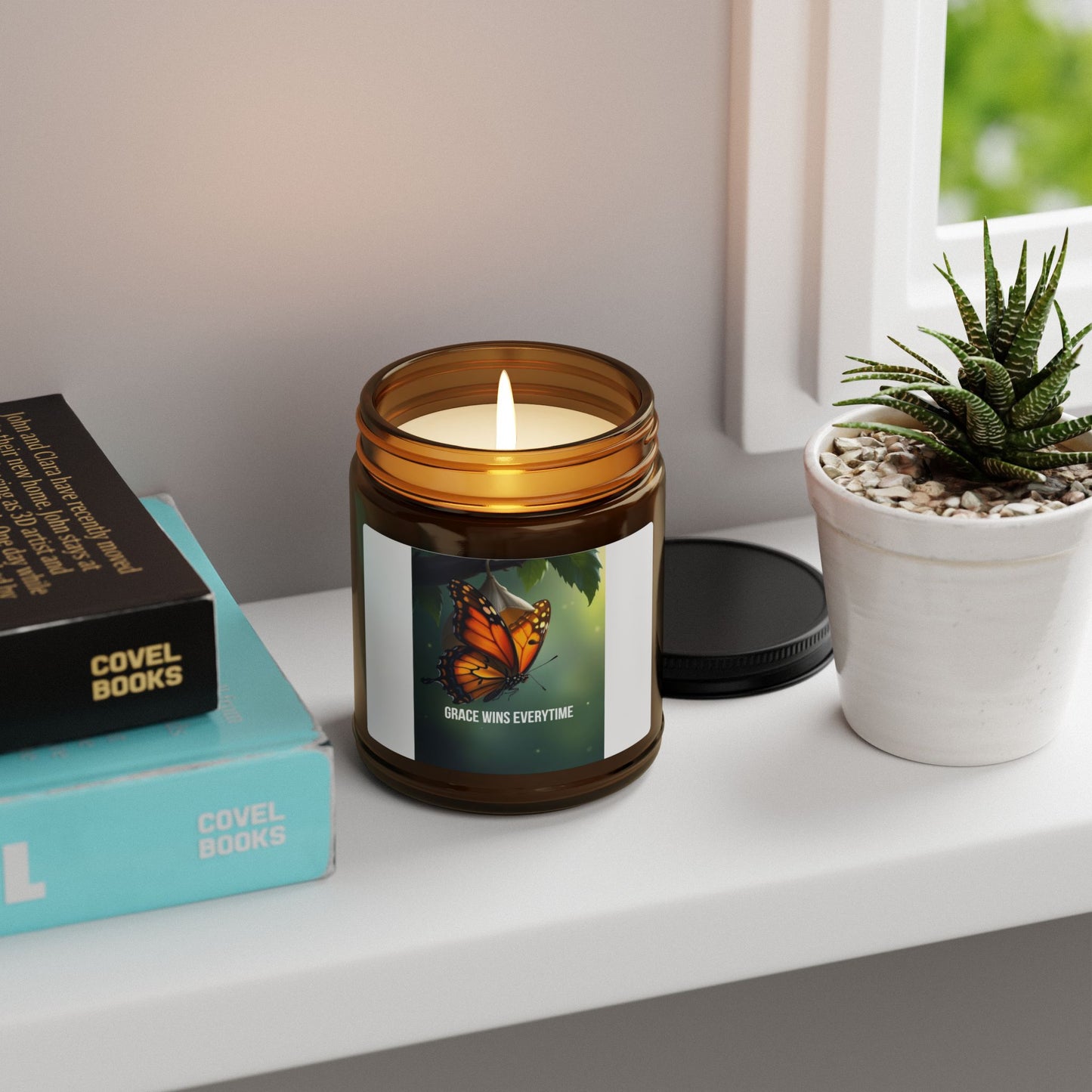 Butterfly Soy Candle — "Change Wins Every Time" Amber Jar