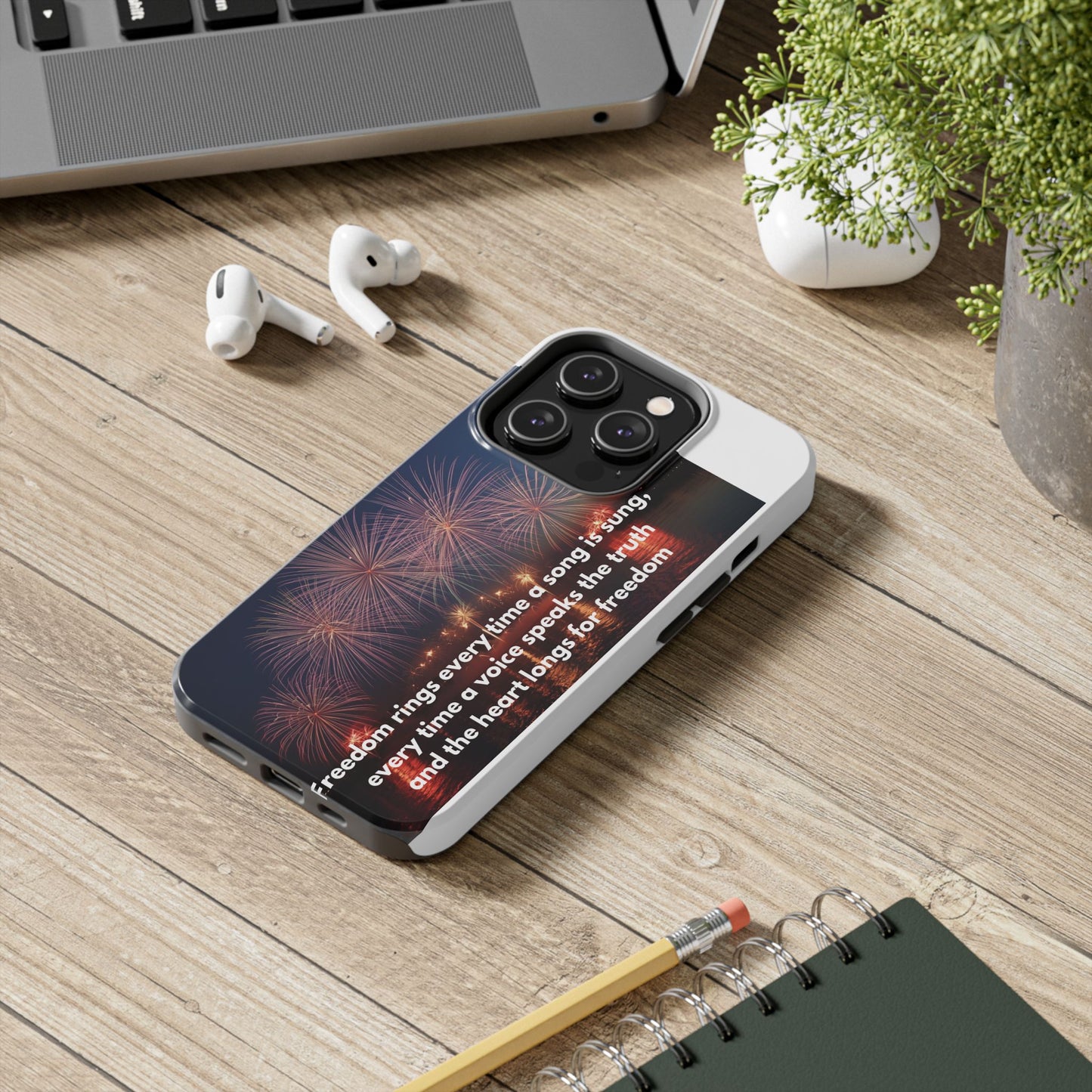 Patriotic Fireworks Tough Phone Case — "Freedom" Quote Protective Cover