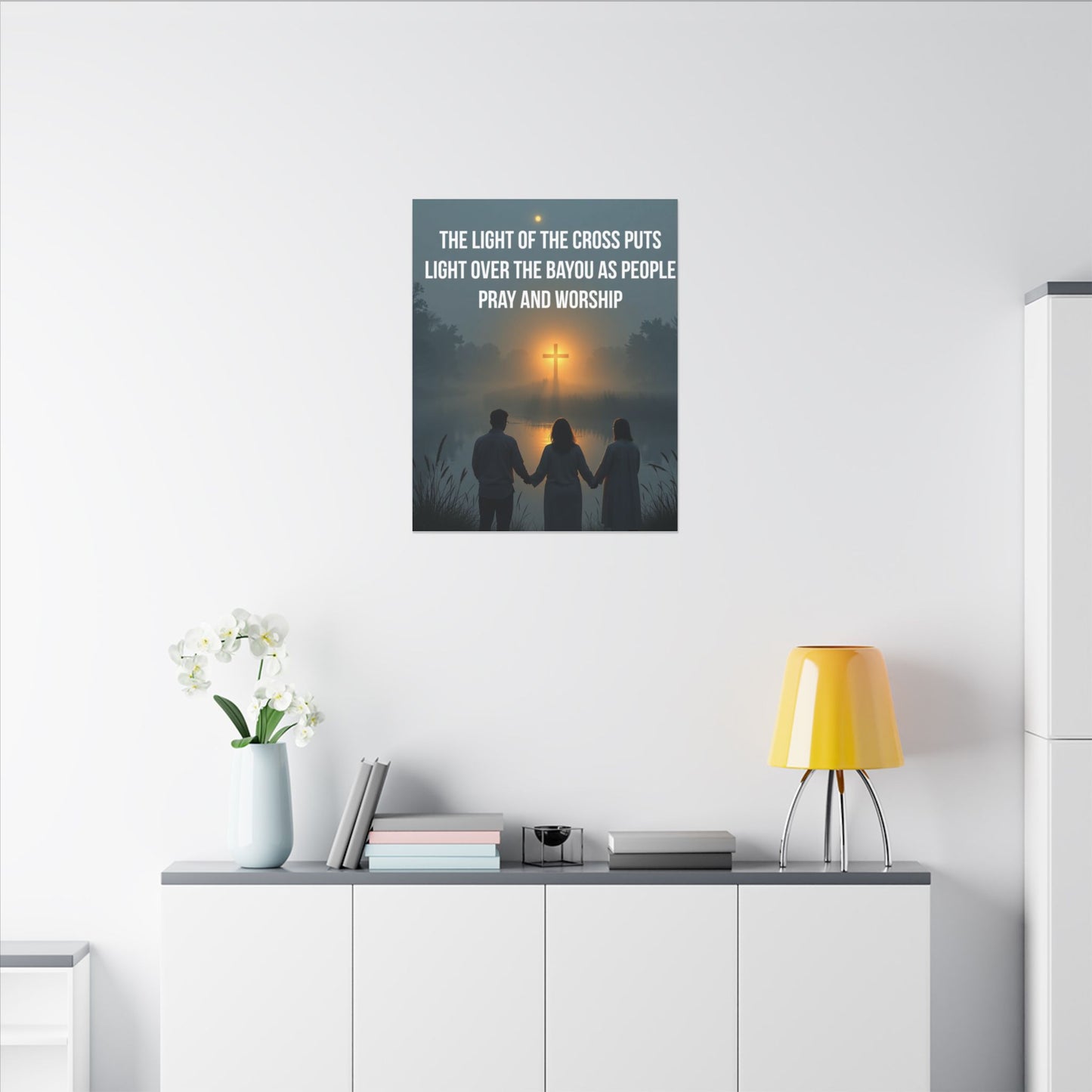 Faith Wall Art Canvas — “The Light of the Cross Puts Light Over the Bayou as People Pray and Worship”
