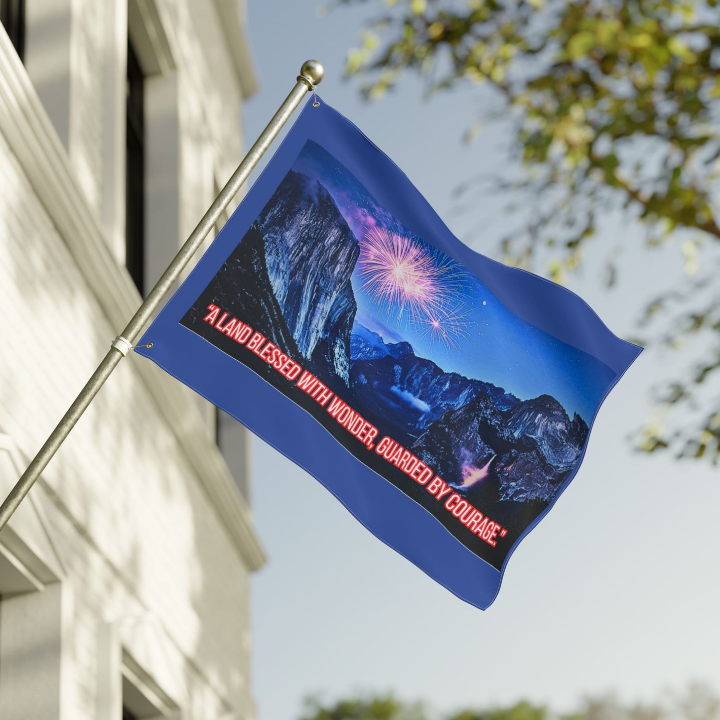 Patriotic Fireworks Yosemite Double-Sided Flag — "A Land Blessed With Wonder, Guarded By Courage"