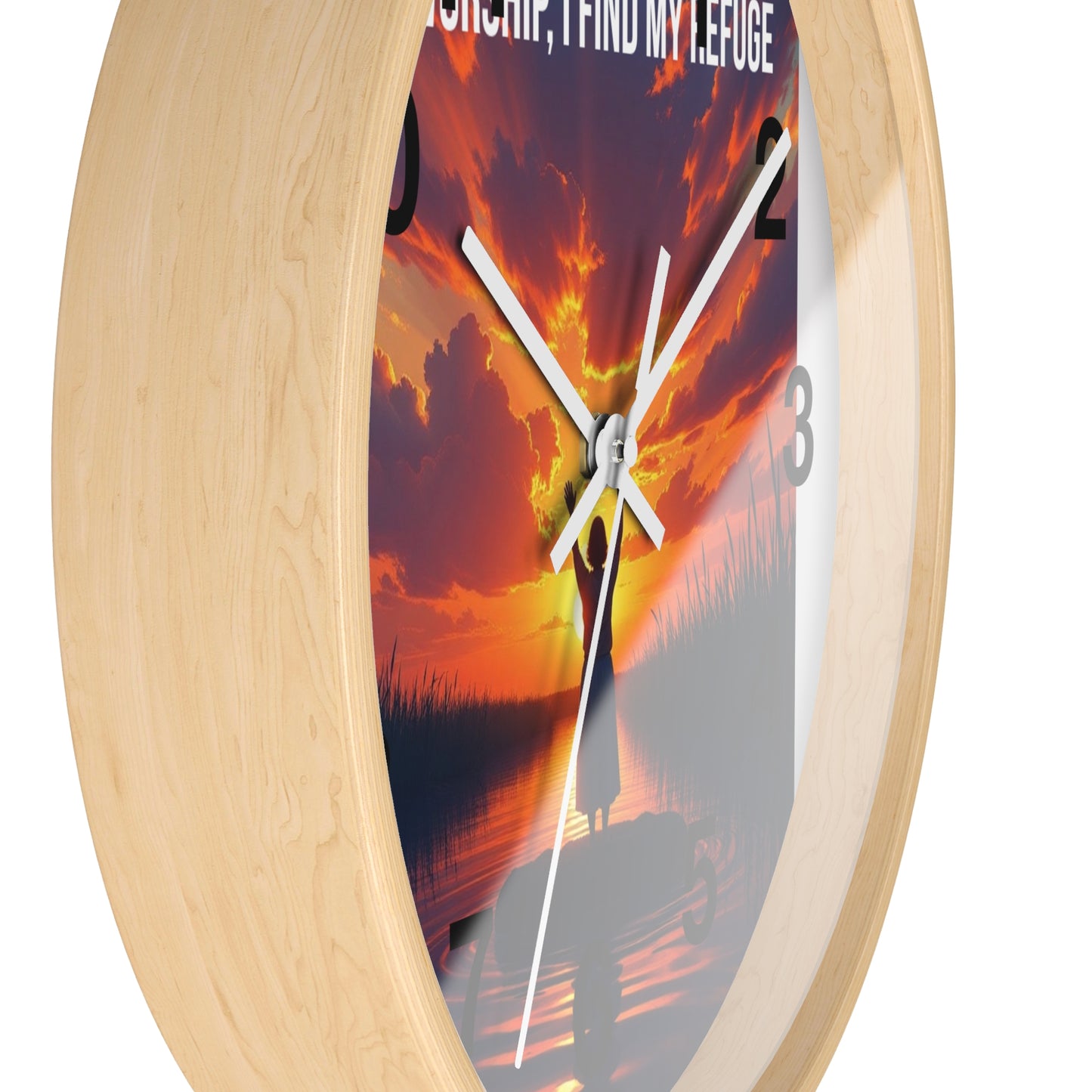 Wall Clock — "In Worship, I Find My Refuge" Sunset Silhouette Christian Clock