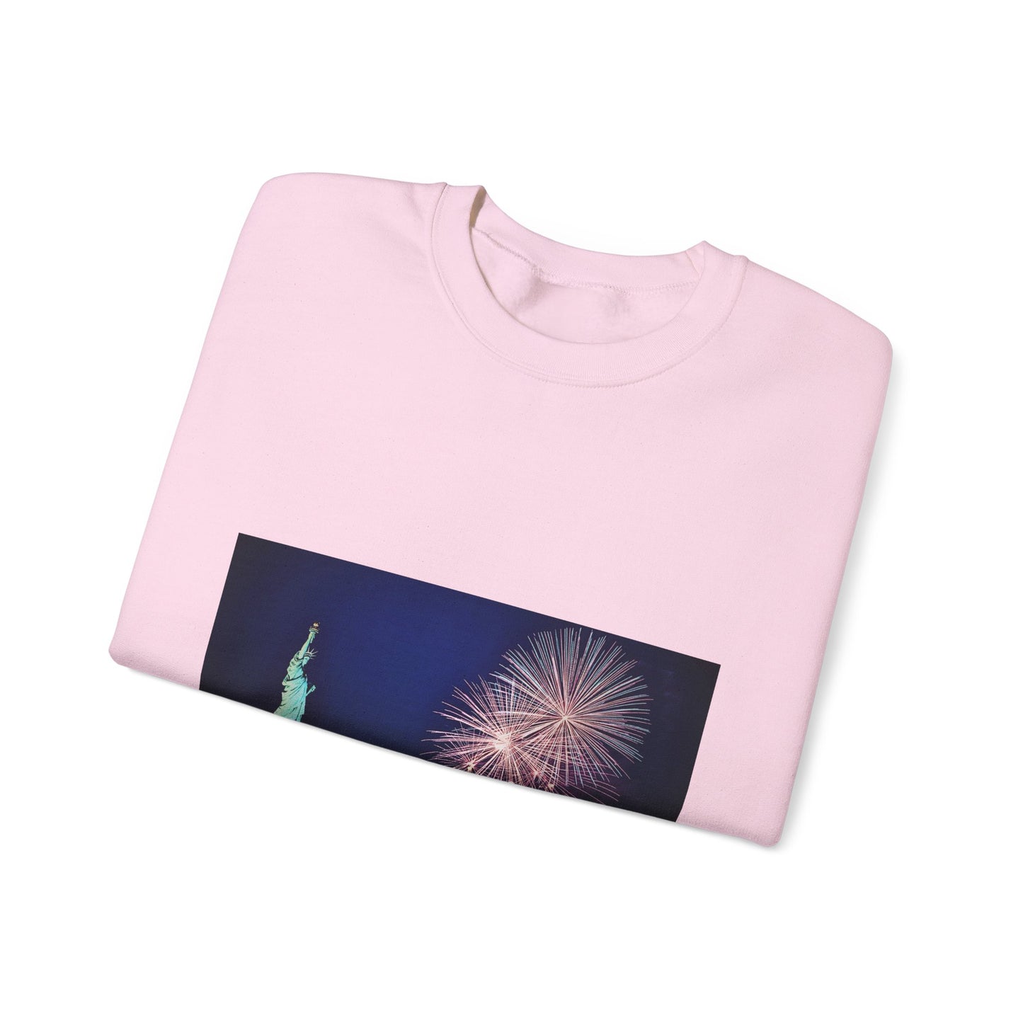 Liberty Night Crewneck Sweatshirt — Statue of Liberty Fireworks "Her Torch Still Lights the Path to Freedom"