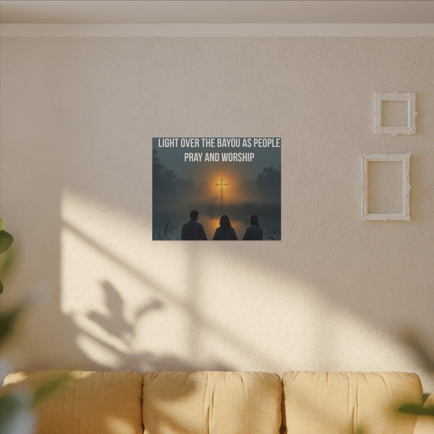 Faith Wall Art Canvas — “The Light of the Cross Puts Light Over the Bayou as People Pray and Worship”