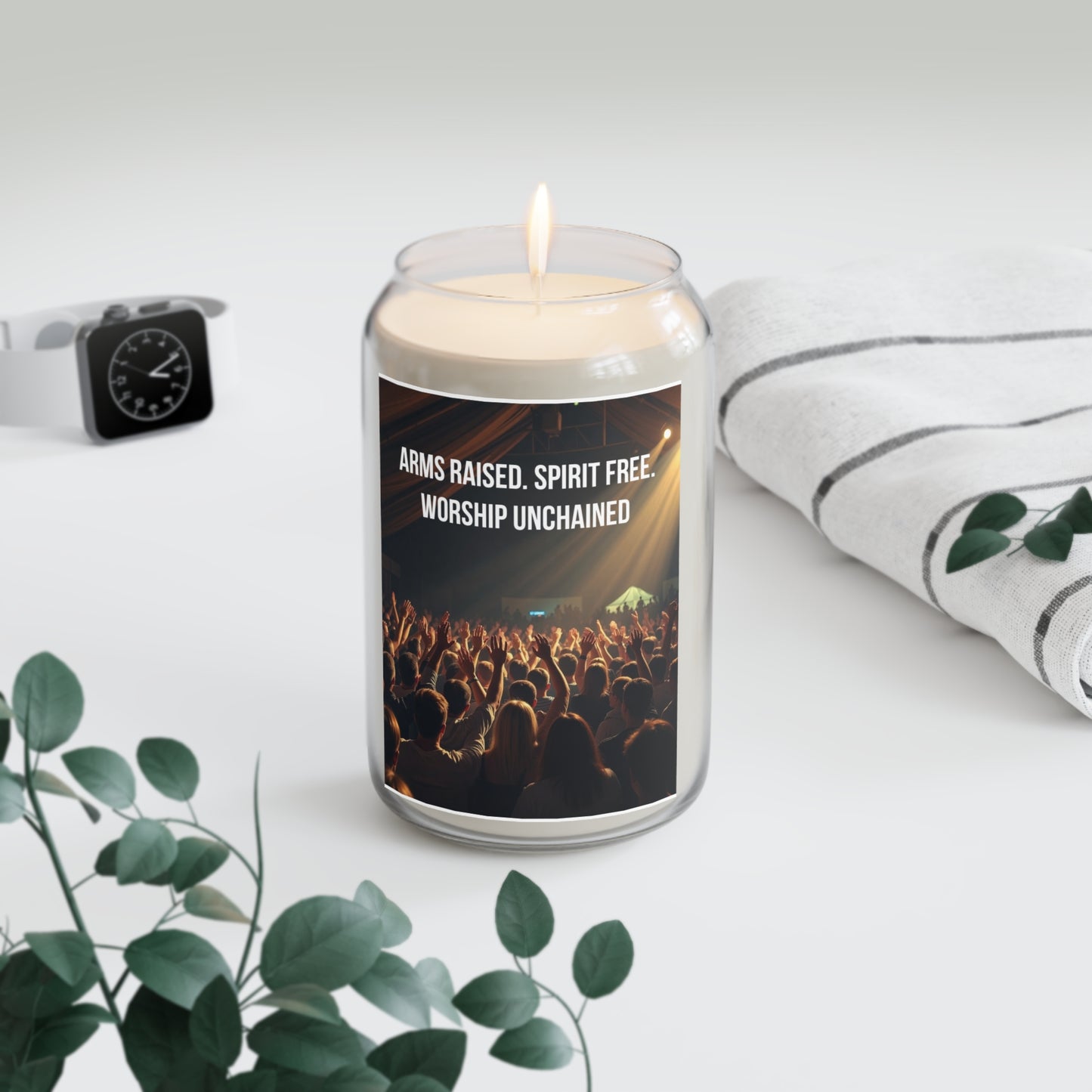 Worship Night Scented Soy Candle — “Arms Raised. Spirit Free. Worship Unchained” (13.75oz)