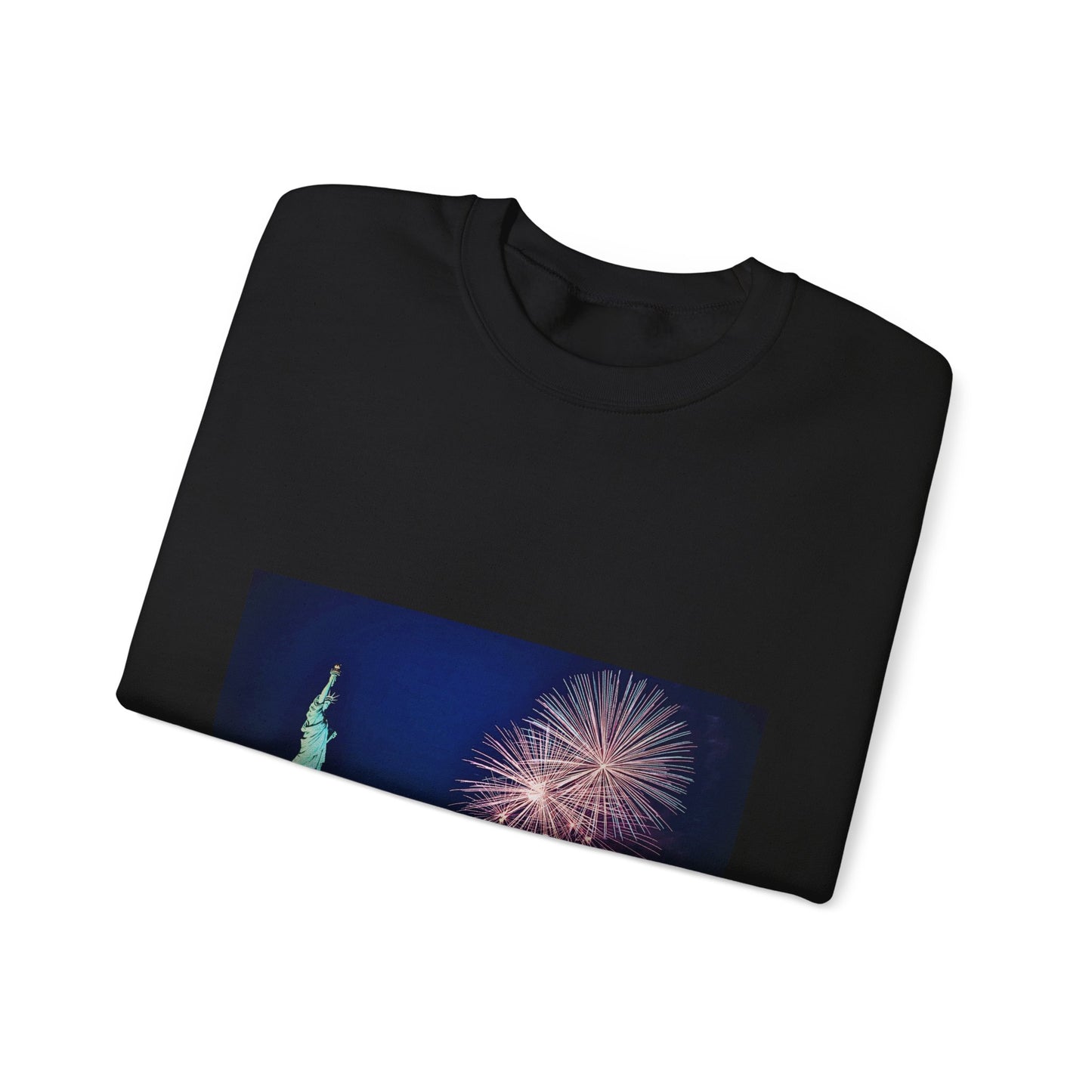 Liberty Night Crewneck Sweatshirt — Statue of Liberty Fireworks "Her Torch Still Lights the Path to Freedom"