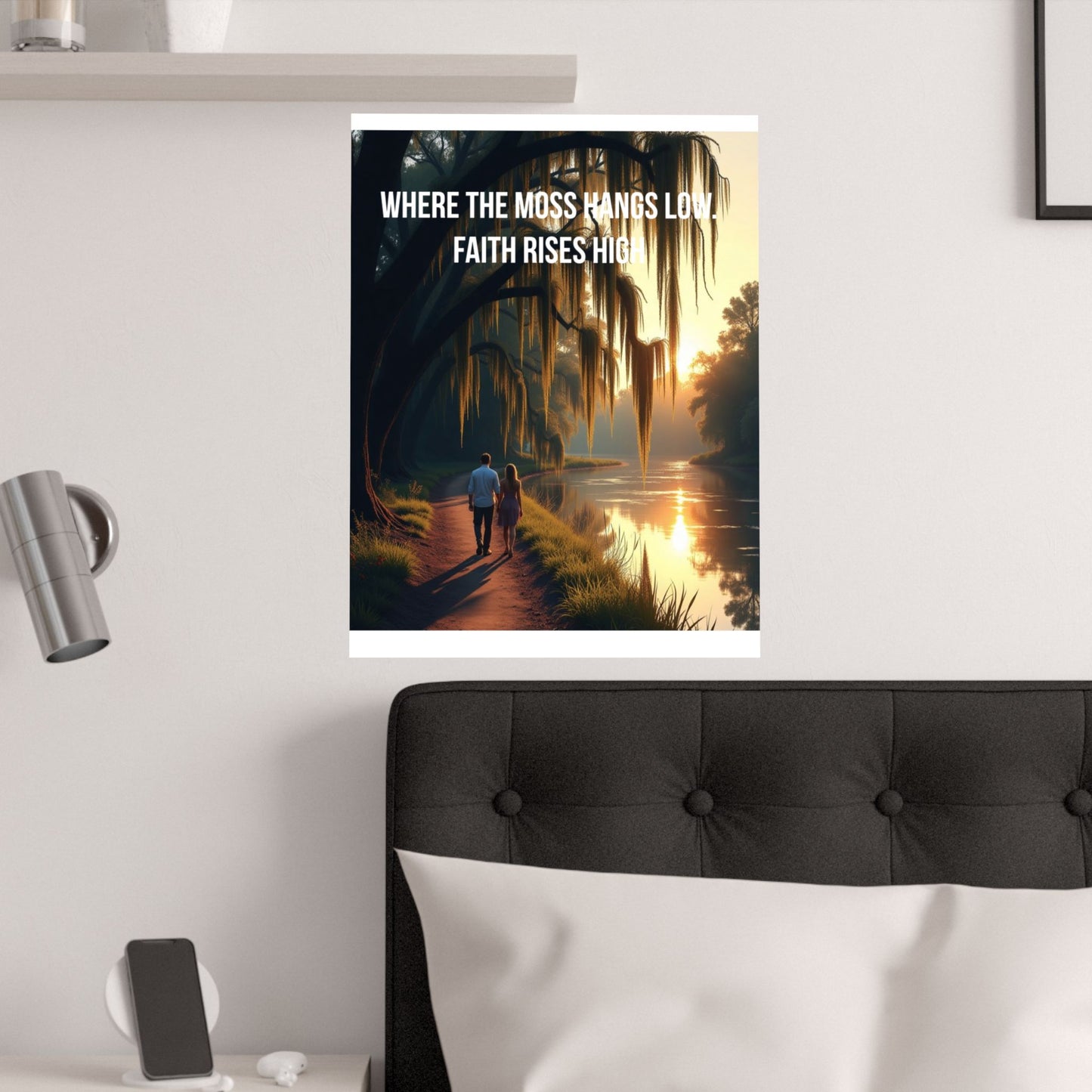 Satin Poster – "Where the Moss Hangs Low, Faith Rises High" Sunset River Walk