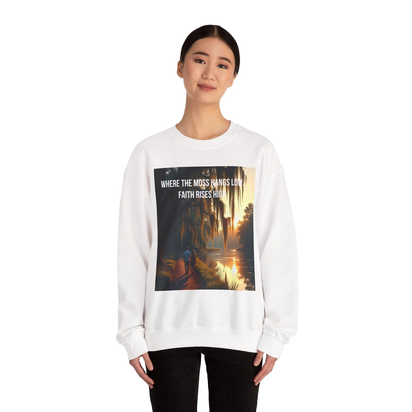 Inspirational Southern Bayou Sweatshirt — "Where the Moss Hangs Low, Faith Rises High"