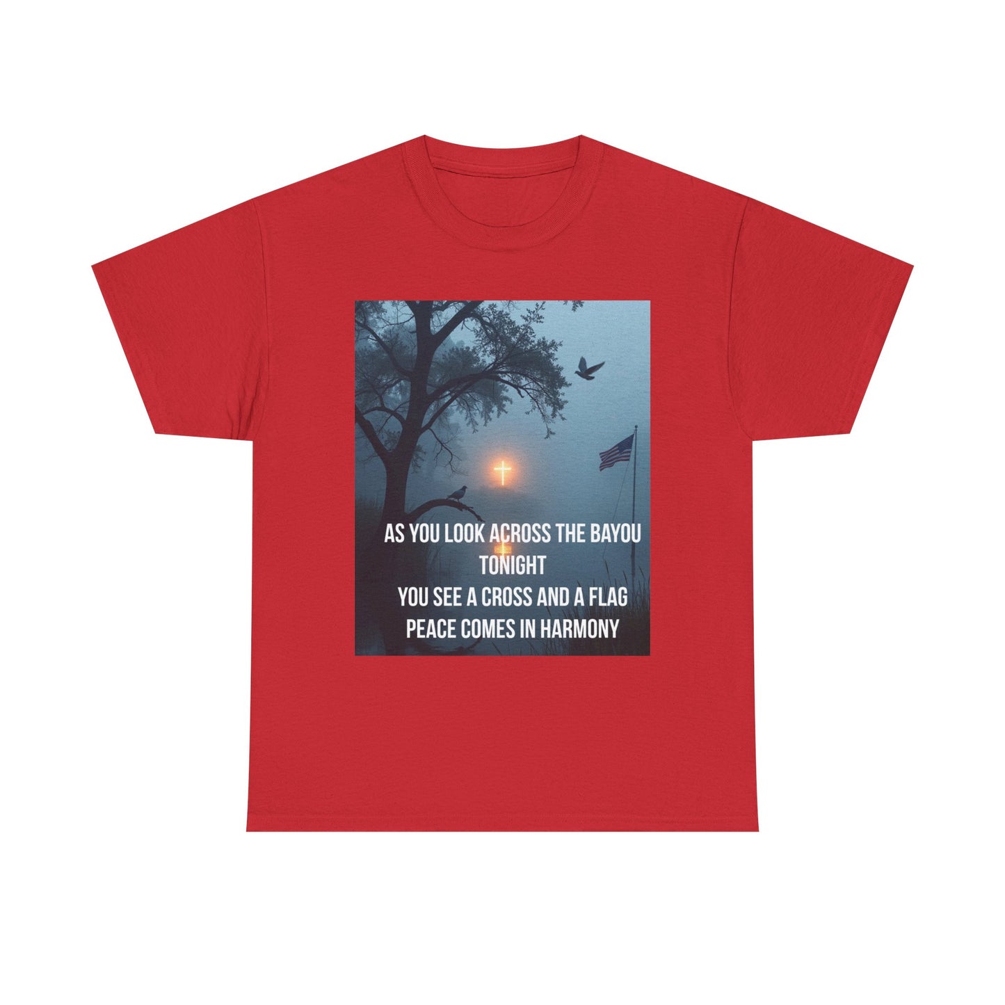 T‑Shirt — Bayou Cross & Flag Scene with Lyrics: “As You Look Across the Bayou Tonight”