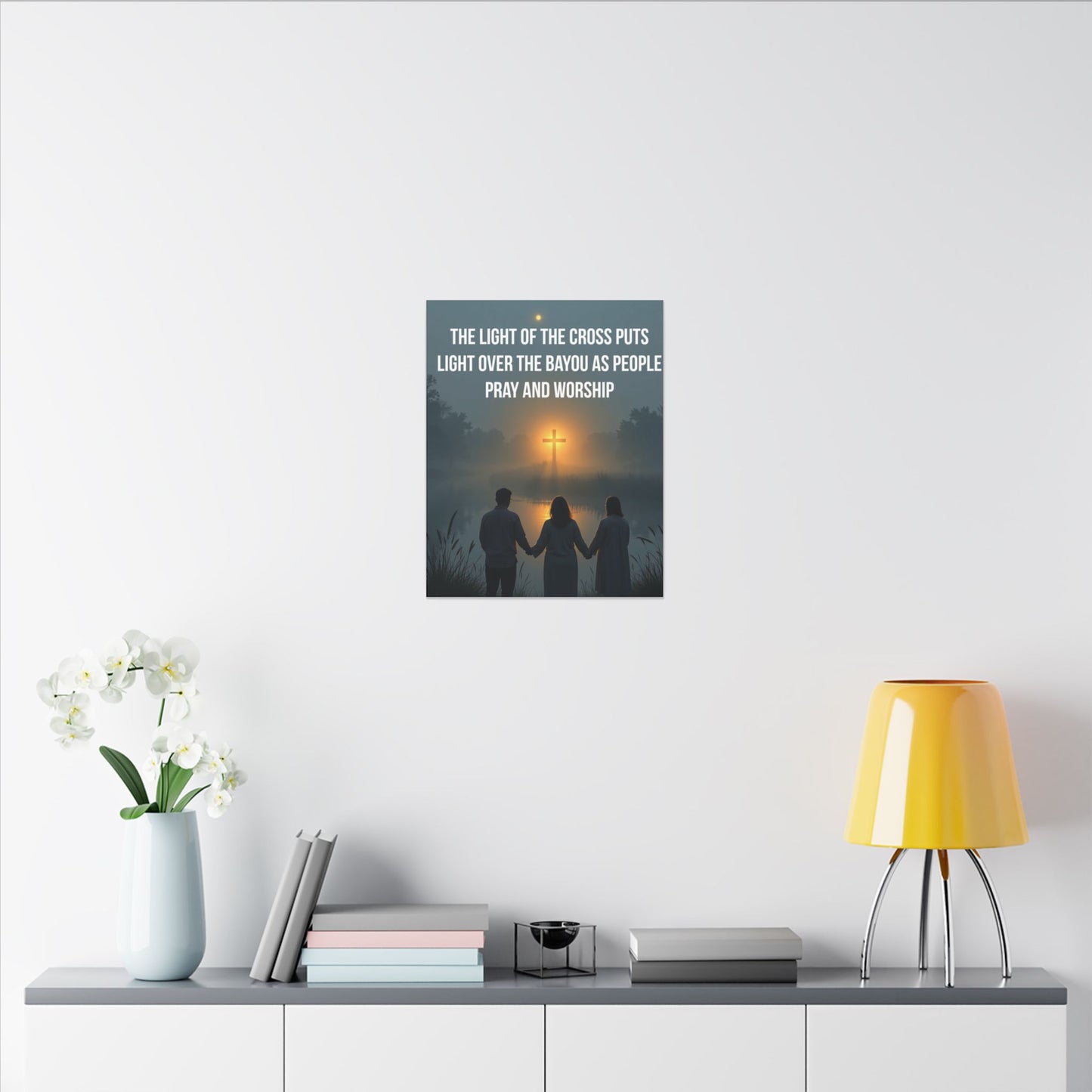 Faith Wall Art Canvas — “The Light of the Cross Puts Light Over the Bayou as People Pray and Worship”