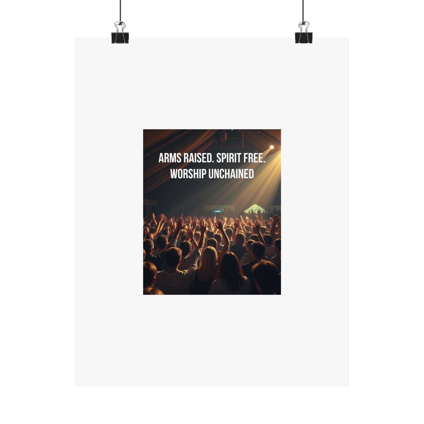 Worship Unchained Satin Poster — Concert Crowd with Lyrics “Arms Raised. Spirit Free.”