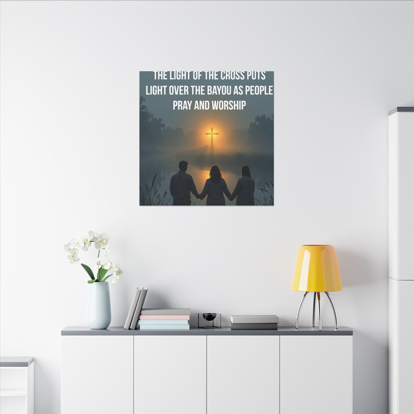 Faith Wall Art Canvas — “The Light of the Cross Puts Light Over the Bayou as People Pray and Worship”