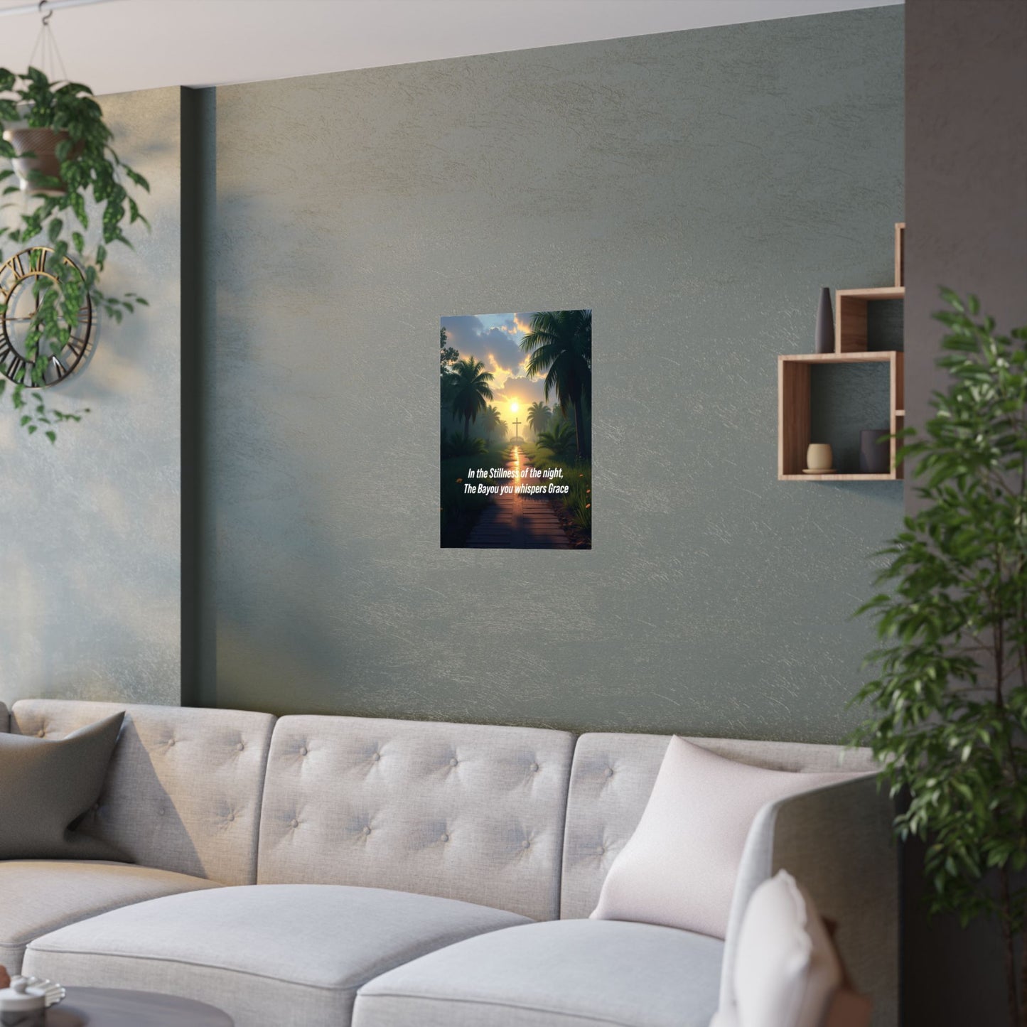 Christian Bayou Sunset Satin Poster — "In the Stillness of the Night, The Bayou You Whispers Grace"