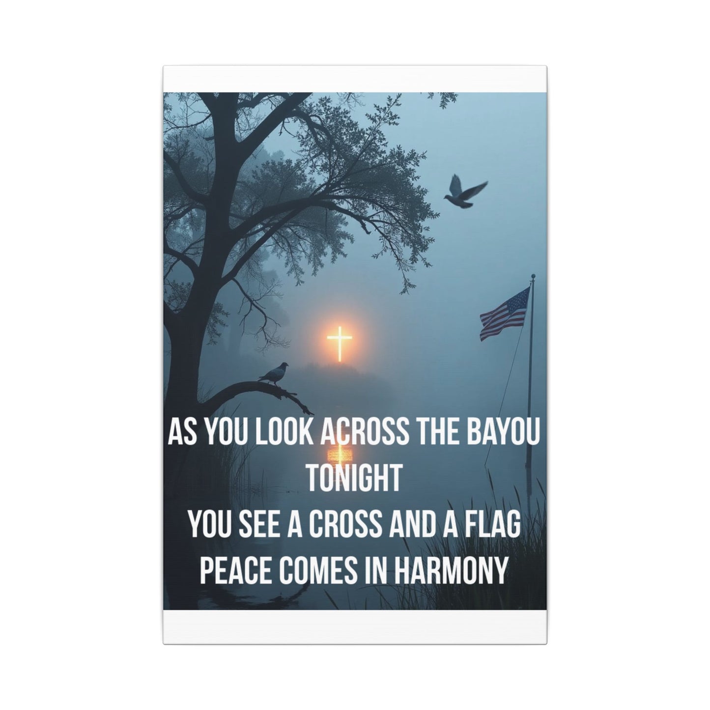 Bayou Cross & Flag Matte Canvas Wall Art – Inspirational Patriotic Christian Quote