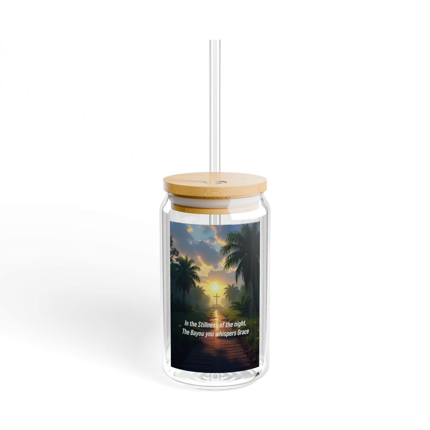 Tropical Sunset Sipper Glass – 16oz Insulated Straw Tumbler with Bamboo Lid