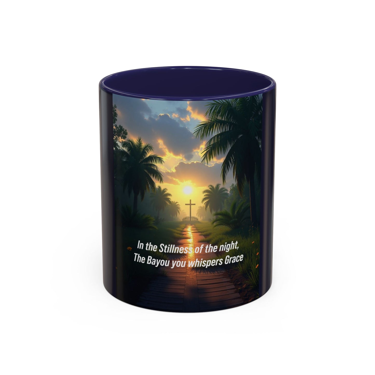 Accent Coffee Mug — Tranquil Bayou Sunset Mug with Cross & Inspirational Quote