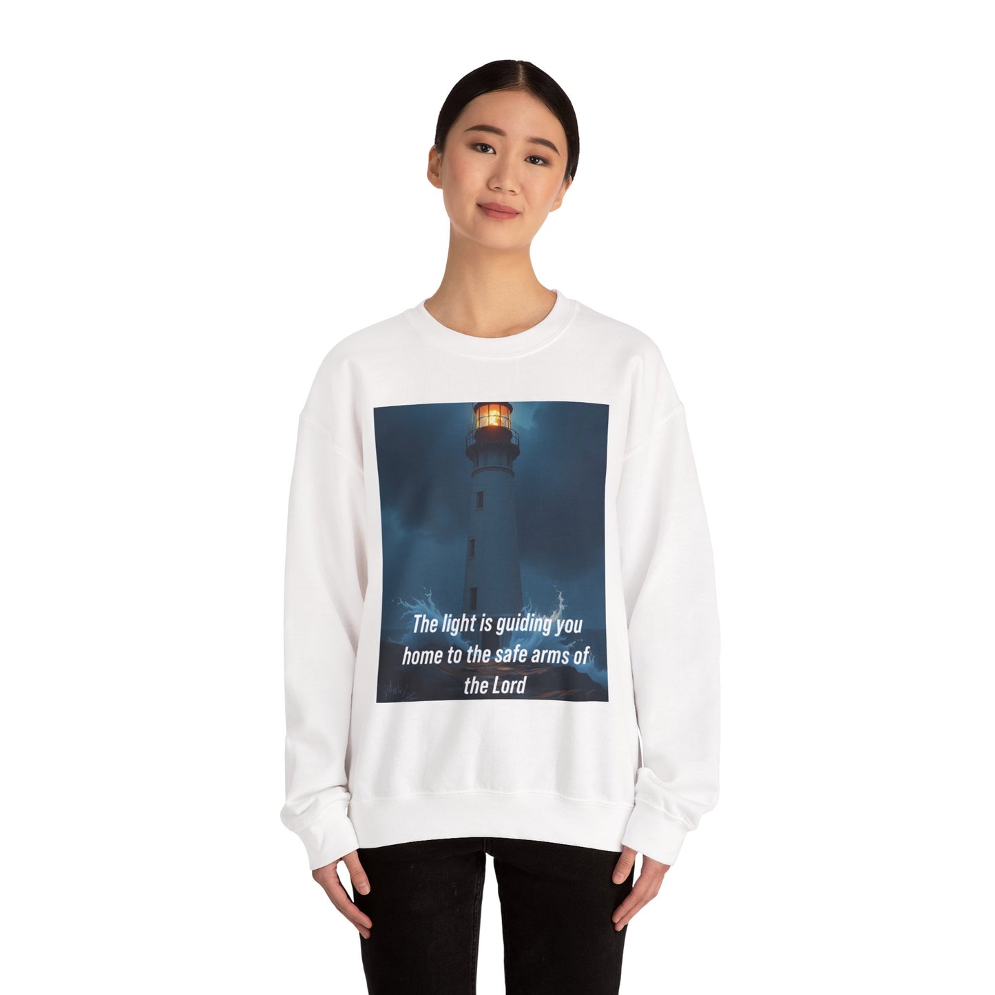 Faith Lighthouse Sweatshirt — "The light is guiding you home to the safe arms of the Lord"