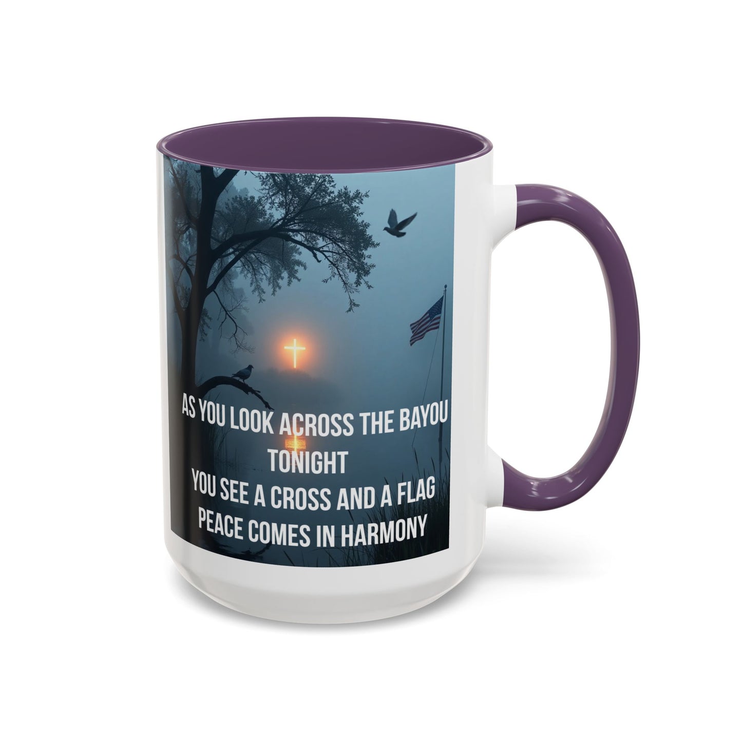 Bayou Cross & Flag Coffee Mug — Inspirational Southern Scene with Peaceful Verse (11/15 oz)