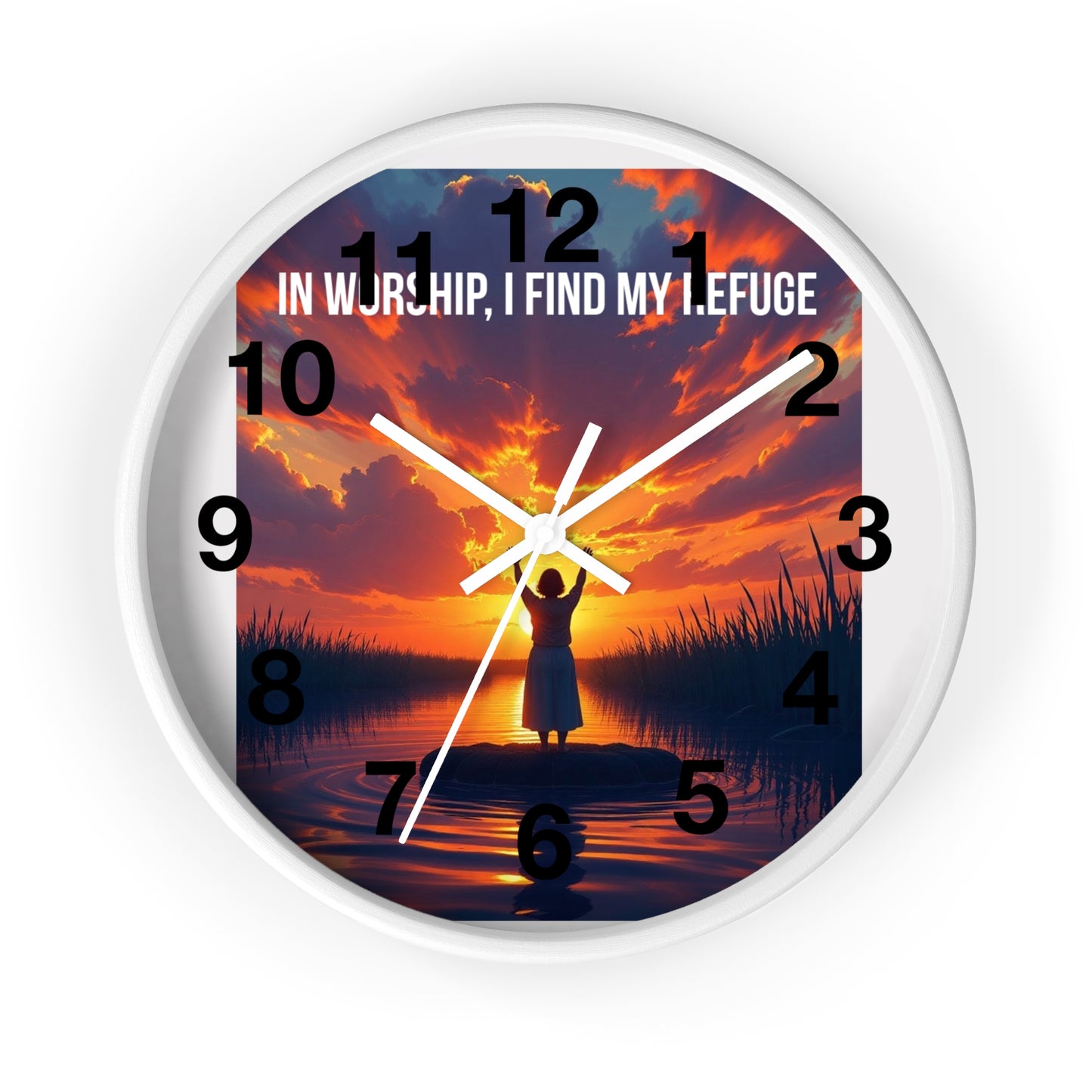 Wall Clock — "In Worship, I Find My Refuge" Sunset Silhouette Christian Clock