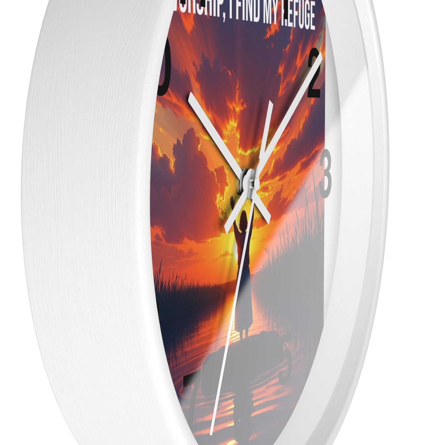 Wall Clock — "In Worship, I Find My Refuge" Sunset Silhouette Christian Clock