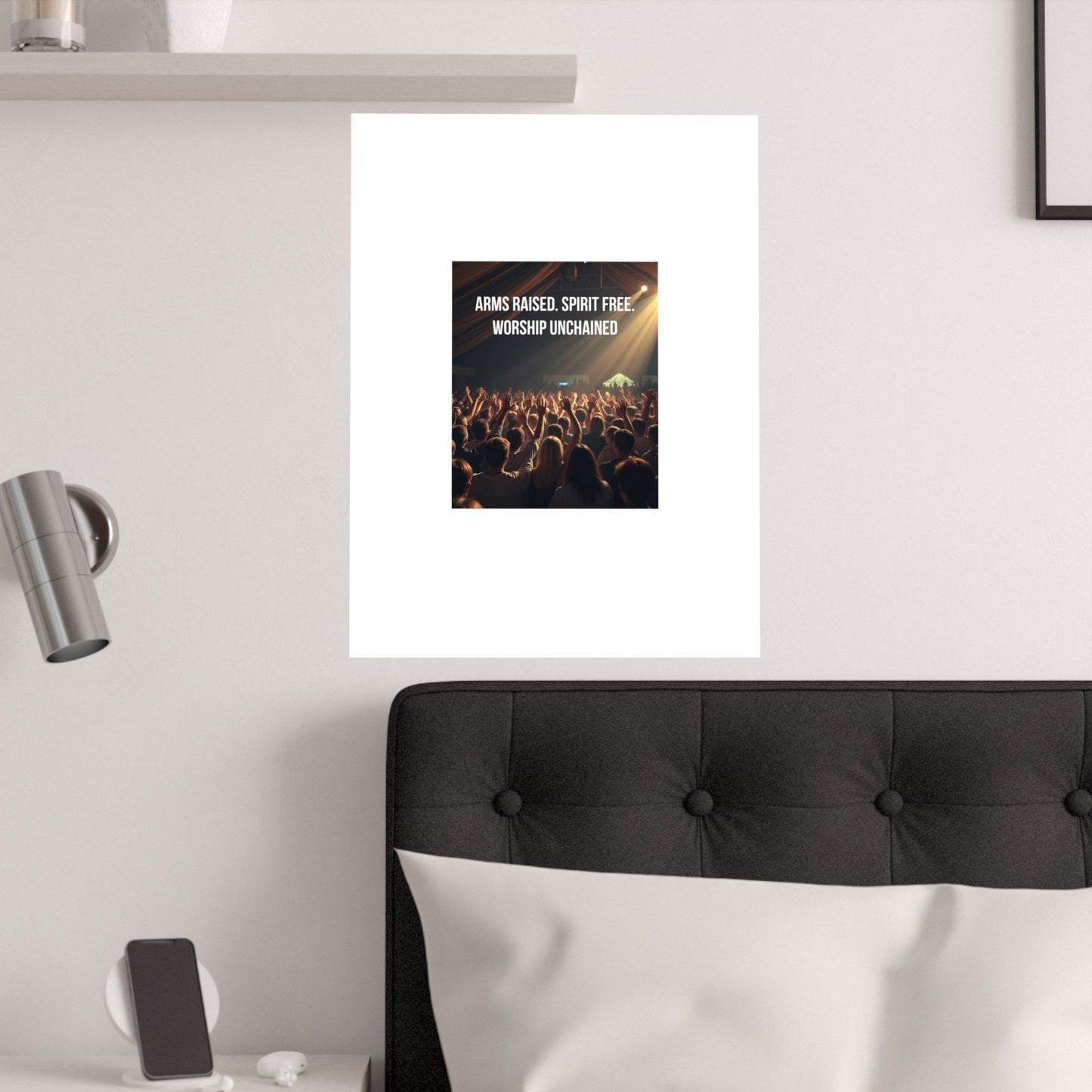 Worship Unchained Satin Poster — Concert Crowd with Lyrics “Arms Raised. Spirit Free.”