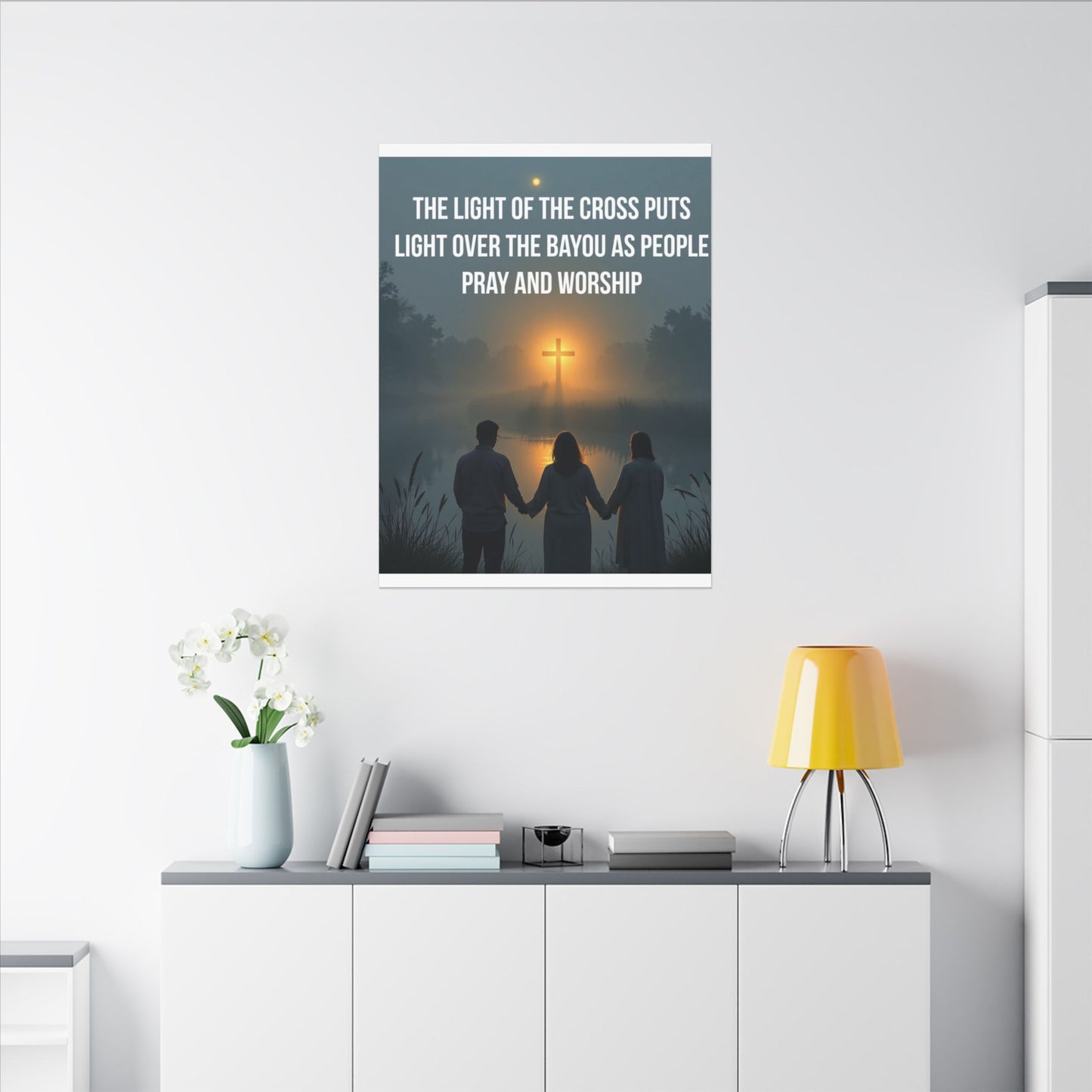 Faith Wall Art Canvas — “The Light of the Cross Puts Light Over the Bayou as People Pray and Worship”