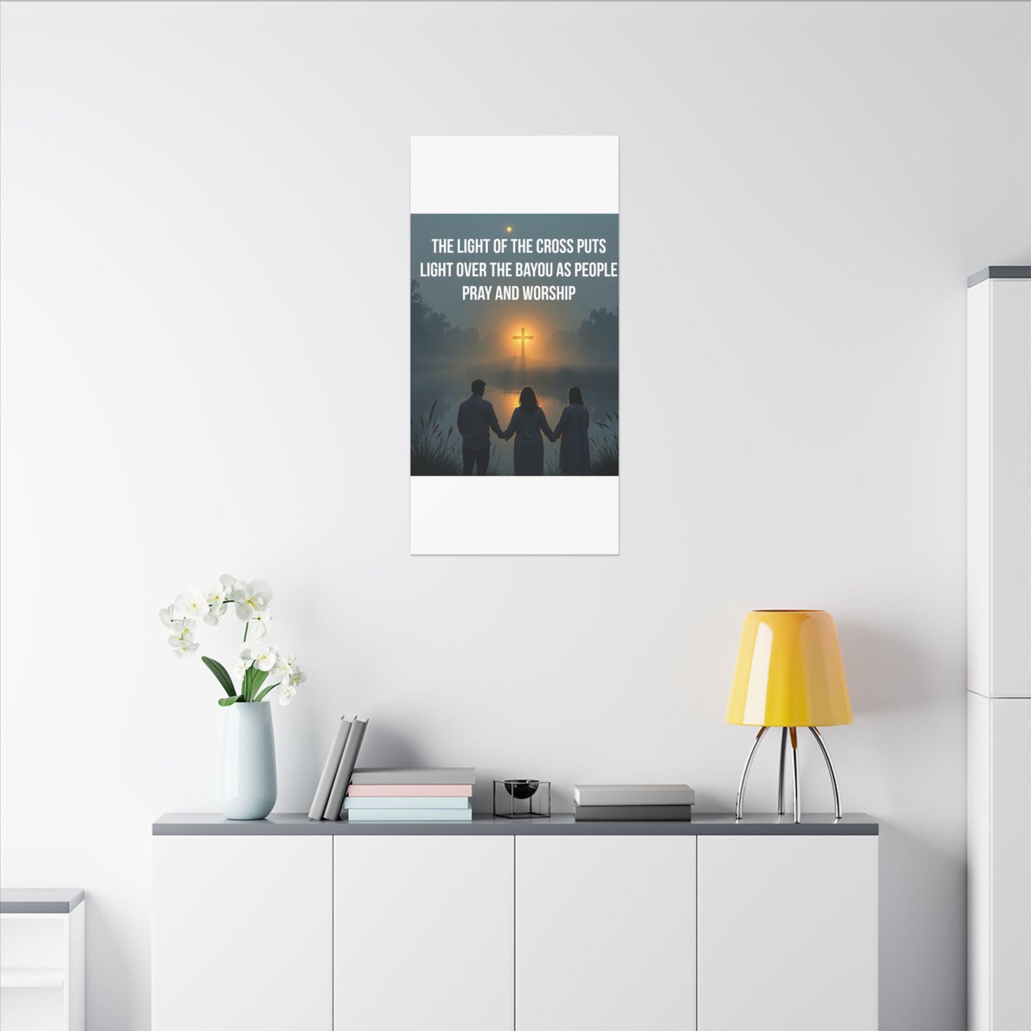 Faith Wall Art Canvas — “The Light of the Cross Puts Light Over the Bayou as People Pray and Worship”