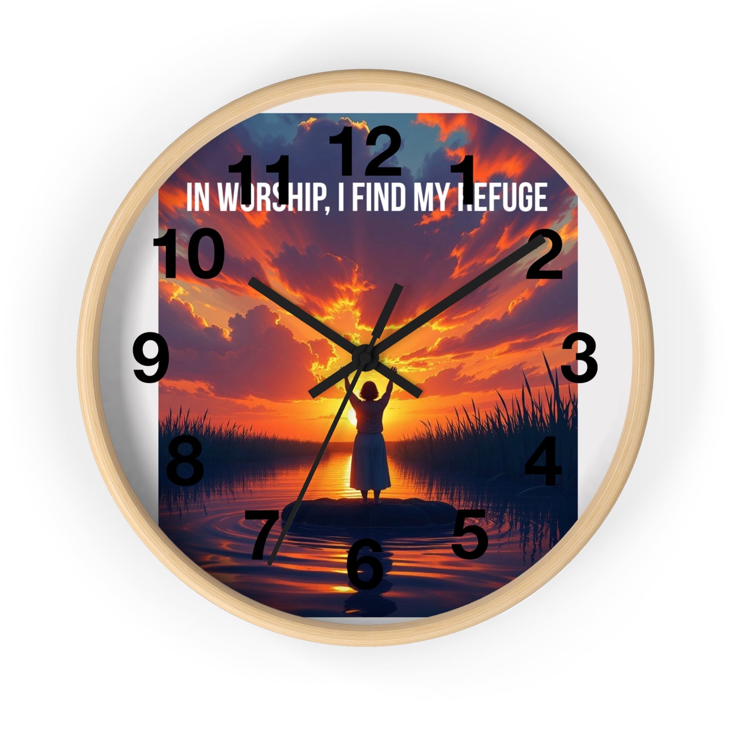 Wall Clock — "In Worship, I Find My Refuge" Sunset Silhouette Christian Clock