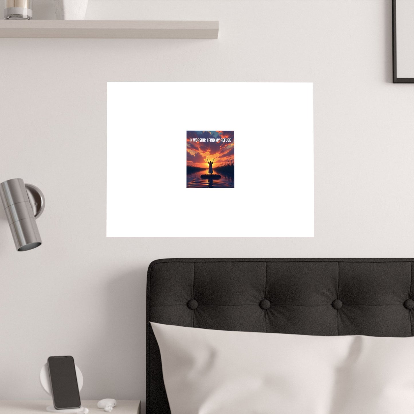 Inspirational Satin Poster — "In Worship I Find My Refuge" Sunset Silhouette