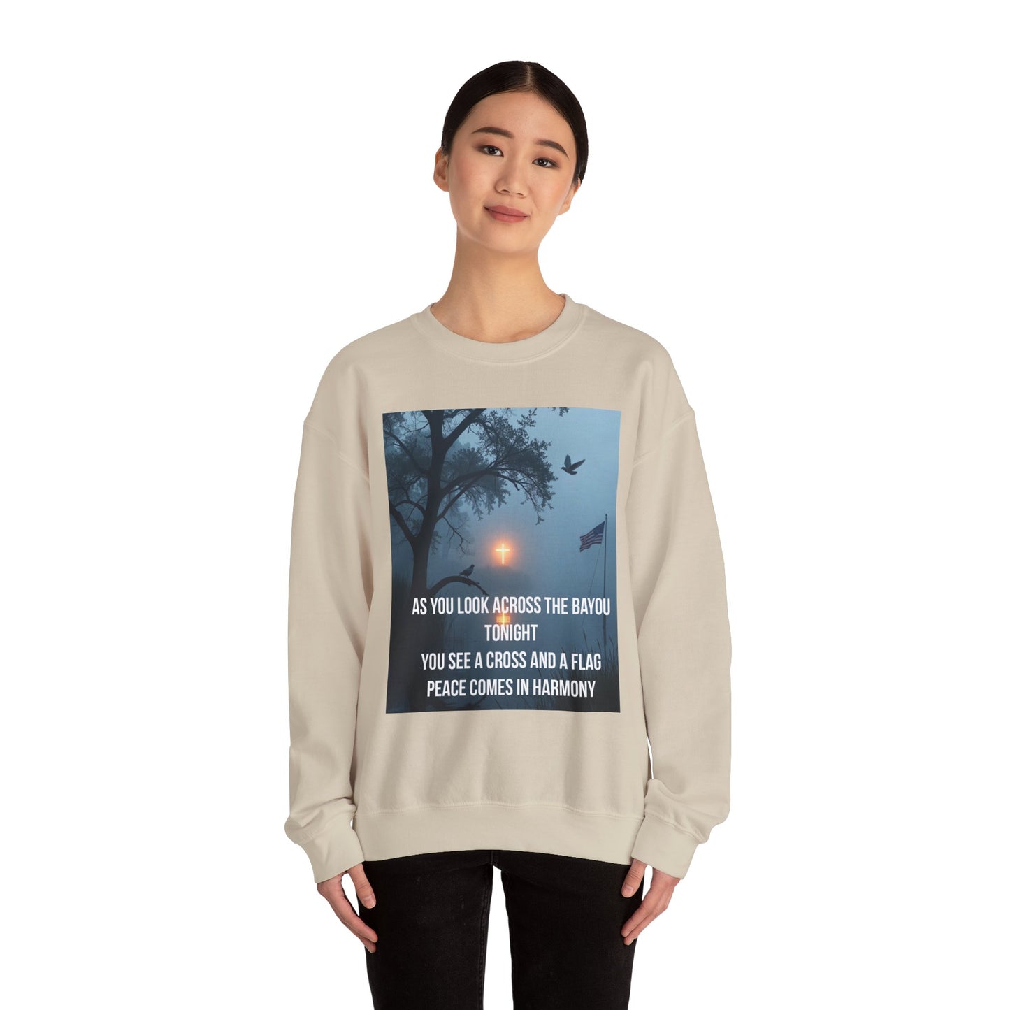 Crewneck Sweatshirt — Bayou Nightscape with Lyrics: "As You Look Across the Bayou Tonight"