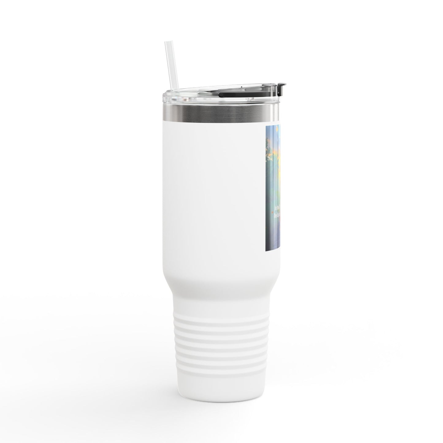 40oz Insulated Travel Mug — Tropical Sunset Design with Inspirational Quote