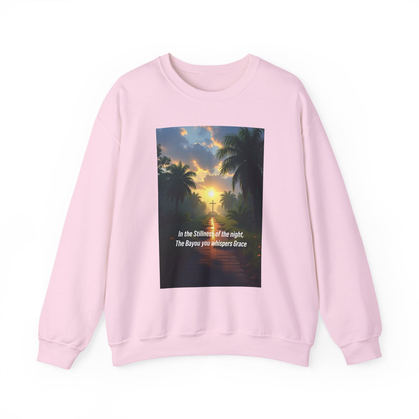Sunset Palm Cross Sweatshirt — 'In the stillness of the night, The Bayou you whisper Grace'