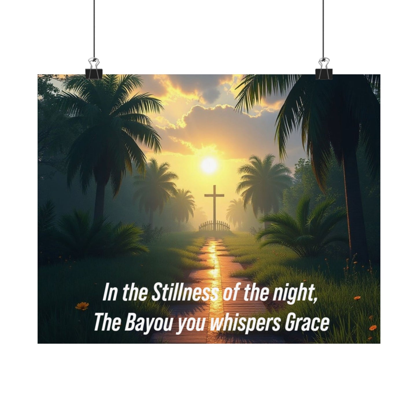 Christian Bayou Sunset Satin Poster — "In the Stillness of the Night, The Bayou You Whispers Grace"