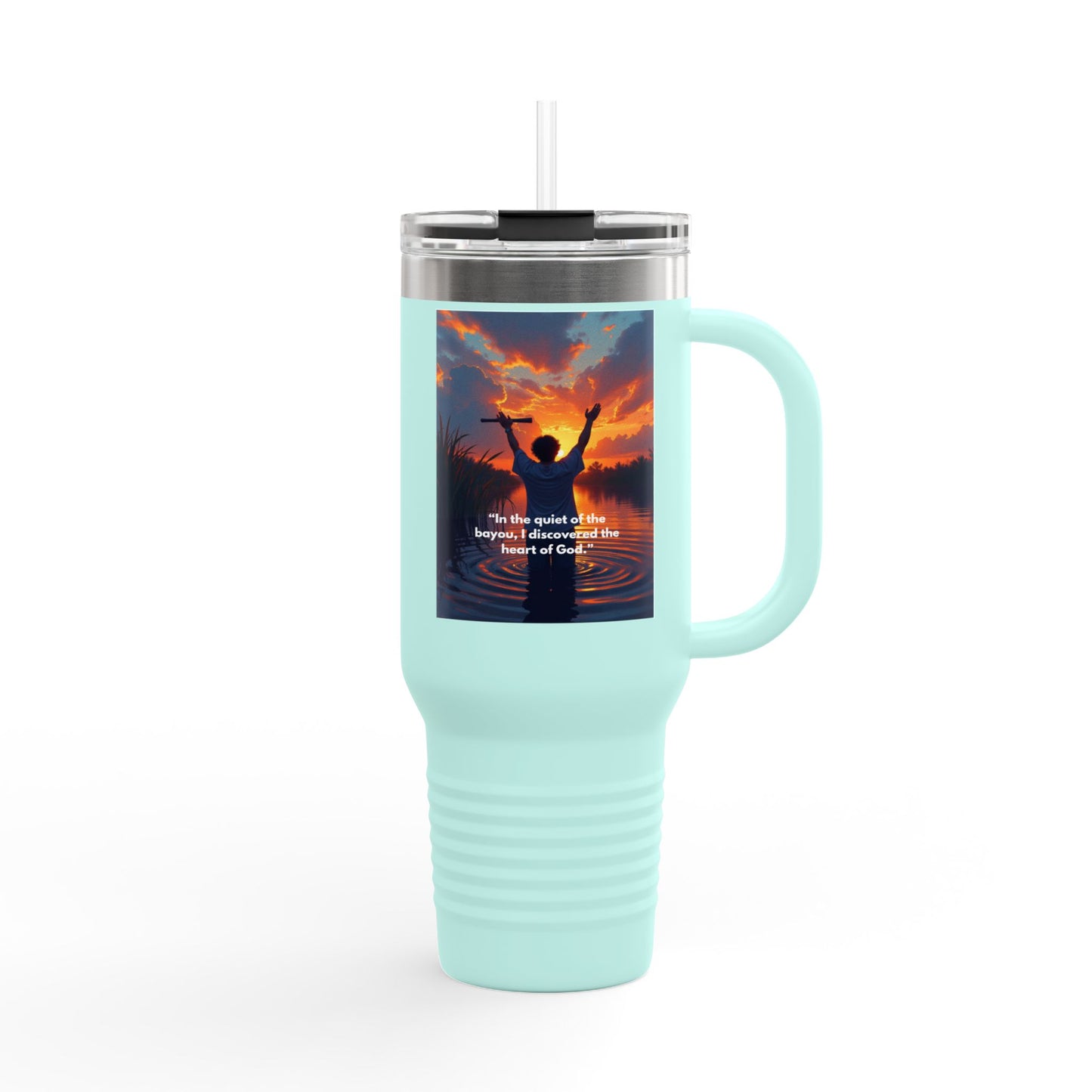 40oz Insulated Travel Mug — Christian Sunrise Design with Scripture Quote
