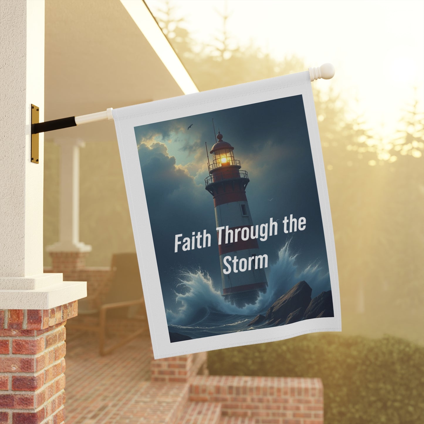 Faith Through the Storm Garden Flag — Lighthouse Inspirational Garden Banner