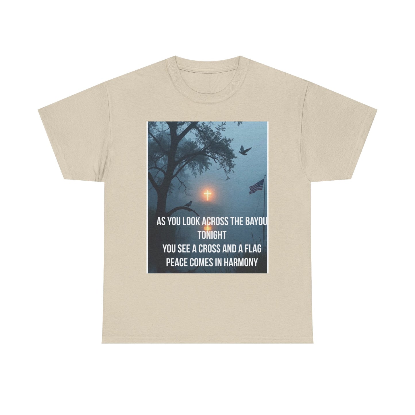 T-Shirt — Bayou Sunset Cross & Flag Graphic Tee ("As You Look Across the Bayou Tonight")