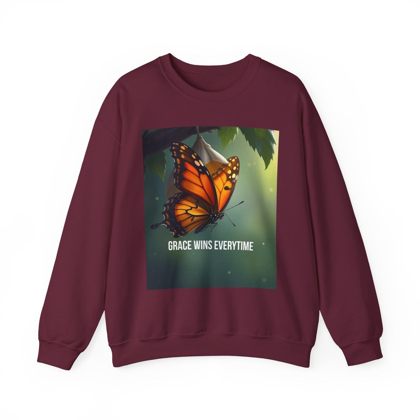 Crewneck Sweatshirt — Grace Wins Everytime Monarch Butterfly Inspirational Tee