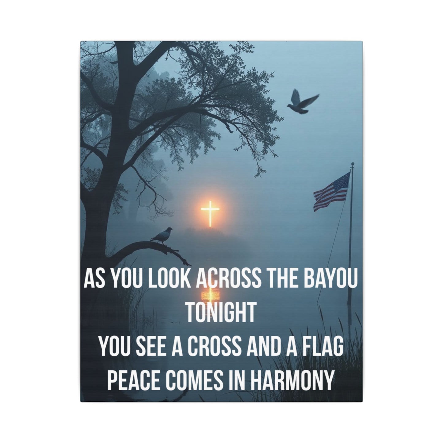 Bayou Cross & Flag Matte Canvas Wall Art – Inspirational Patriotic Christian Quote
