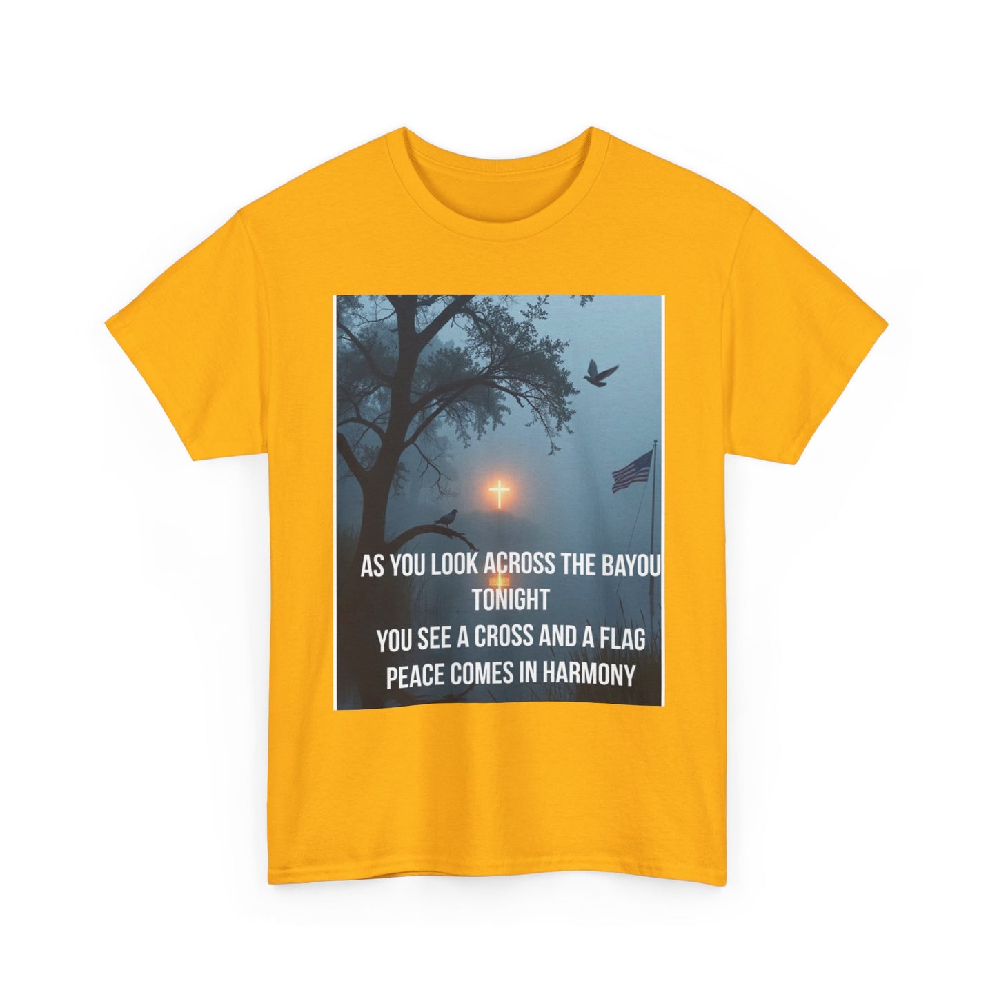 T-Shirt — Bayou Sunset Cross & Flag Graphic Tee ("As You Look Across the Bayou Tonight")