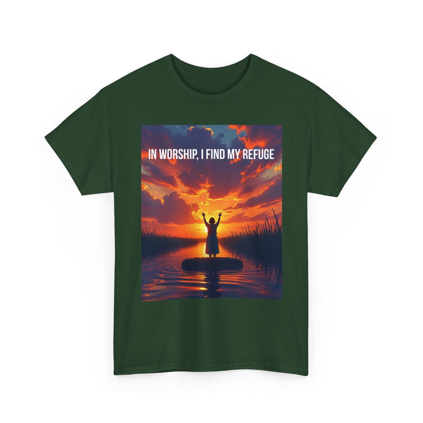 Worship Refuge T-Shirt — "In Worship, I Find My Refuge" Sunset Silhouette Christian Tee