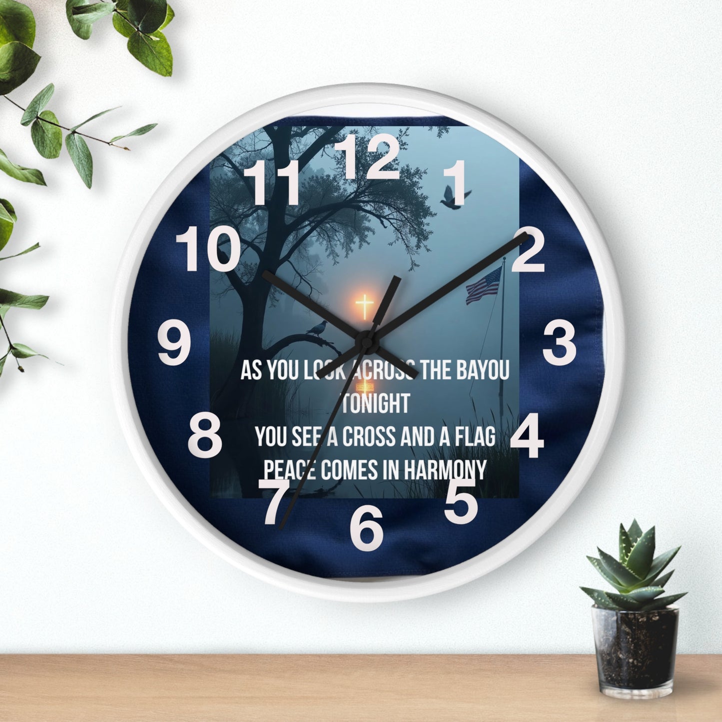 Bayou Cross & Flag Wall Clock — Patriotic Peaceful Scene with Lyrics