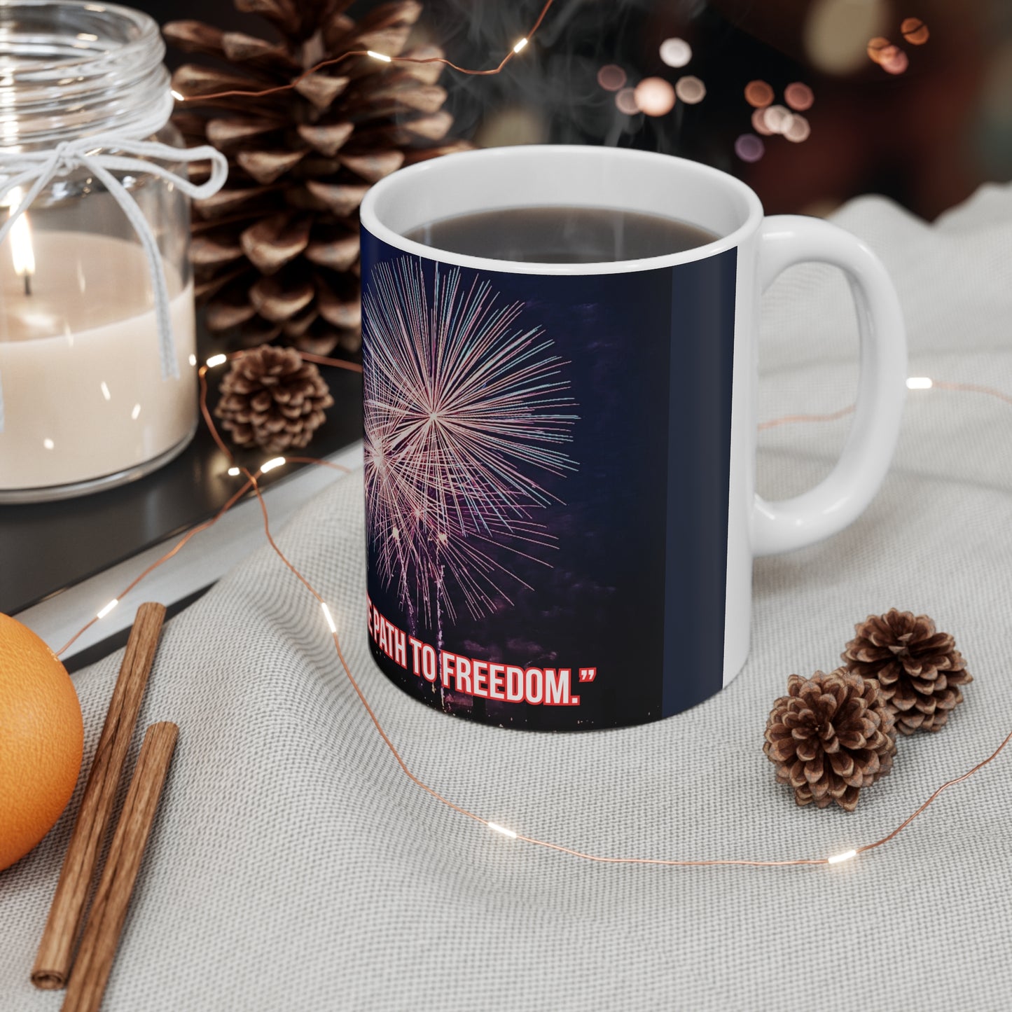 Statue of Liberty Fireworks Coffee Mug - "Her Torch Still Lights the Path to Freedom"