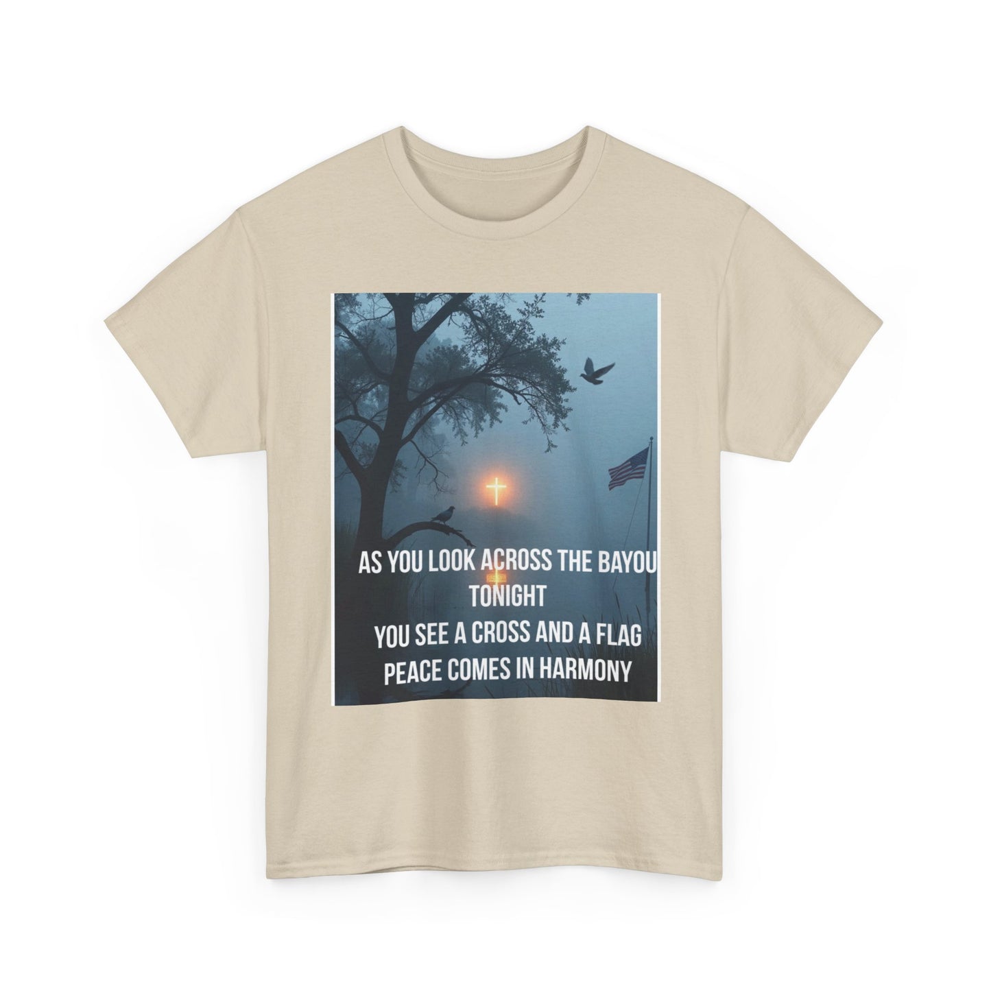 T-Shirt — Bayou Sunset Cross & Flag Graphic Tee ("As You Look Across the Bayou Tonight")