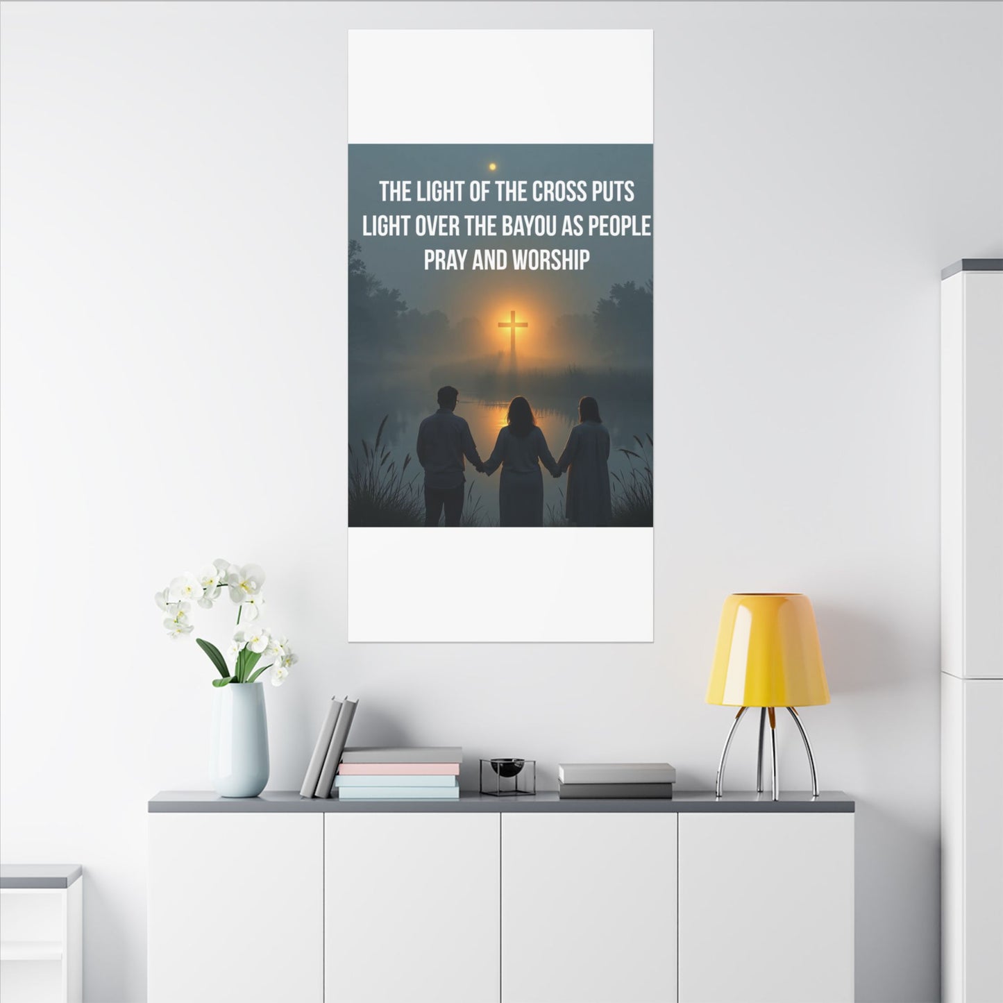 Faith Wall Art Canvas — “The Light of the Cross Puts Light Over the Bayou as People Pray and Worship”