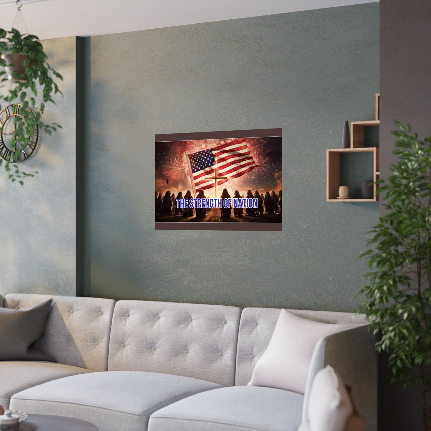 Patriotic Satin Poster — "The Strength of Nation" American Flag Fireworks Wall Art