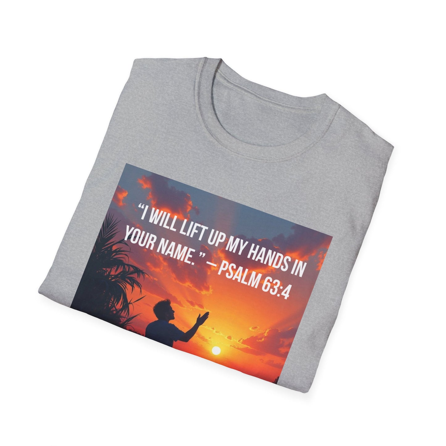 Psalm 63:4 Sunset Prayer T-Shirt — "I Will Lift Up My Hands in Your Name" Christian Tee