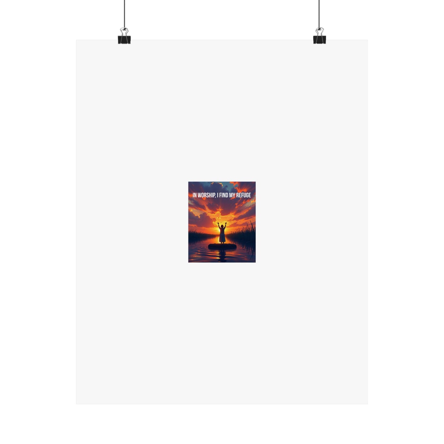 Inspirational Satin Poster — "In Worship I Find My Refuge" Sunset Silhouette