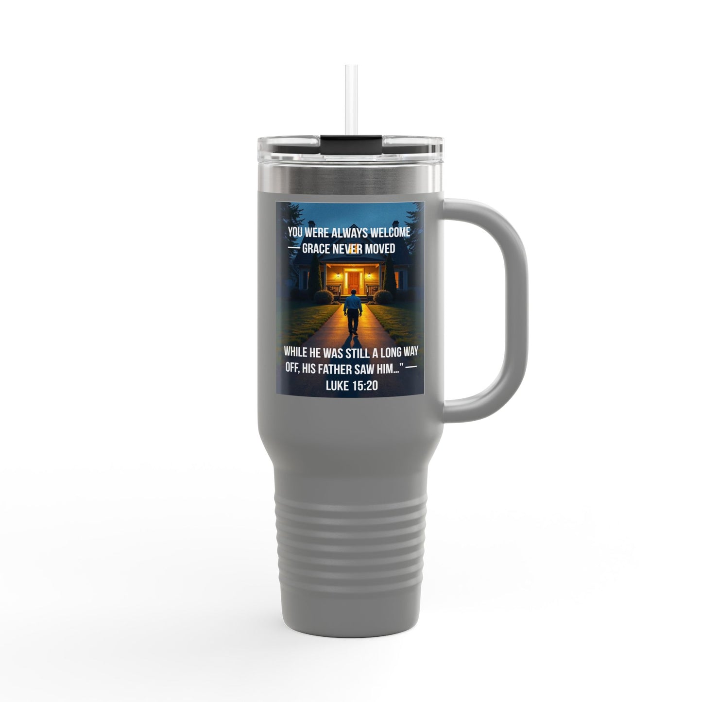 40oz Insulated Travel Mug – Faith Quote Luke 15:20 ‘Grace Never Moved’